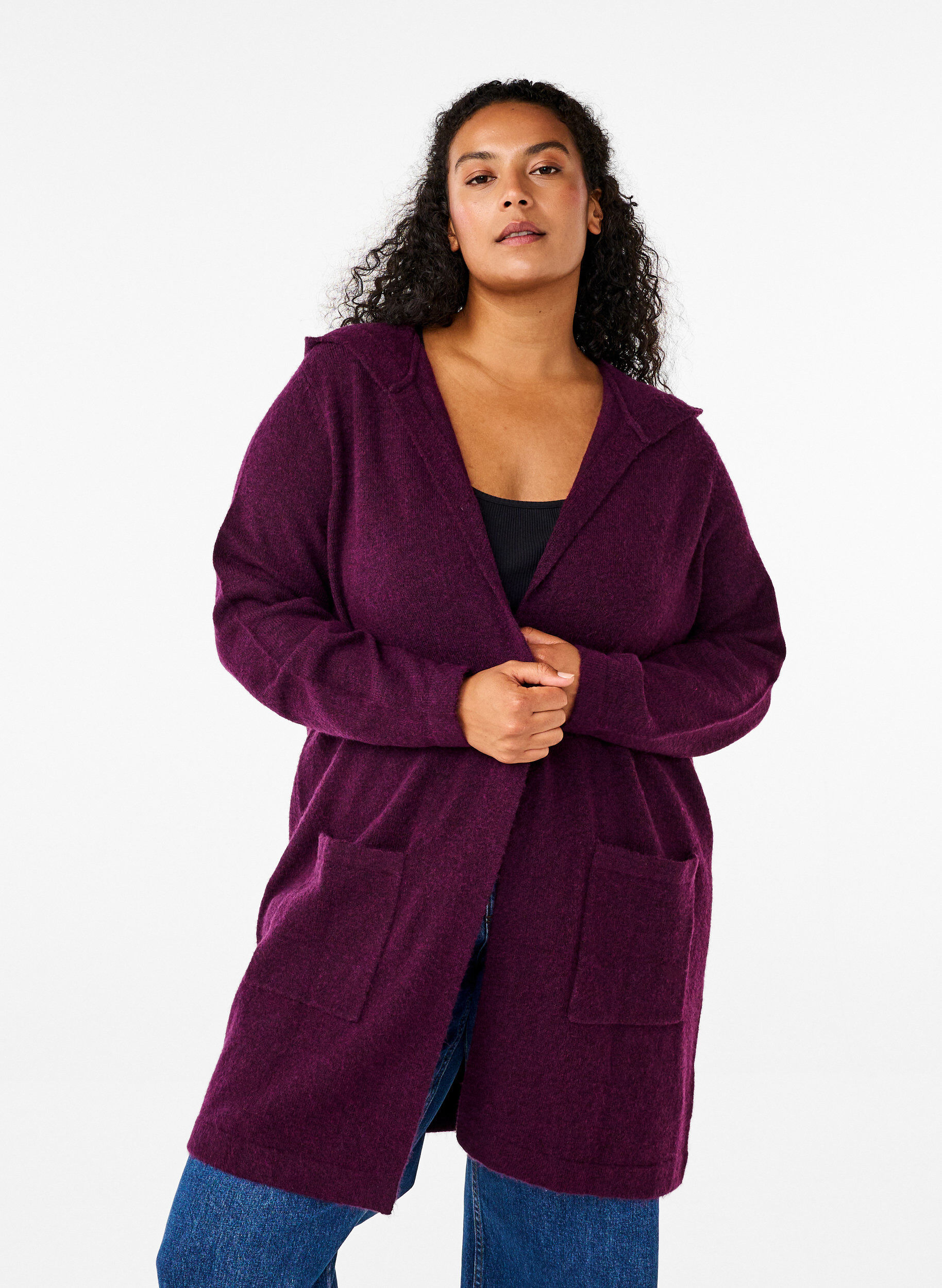 Zizzi Lang strik cardigan med uld og h&aelig;tte, Potent Purple Mel., Model image number 0