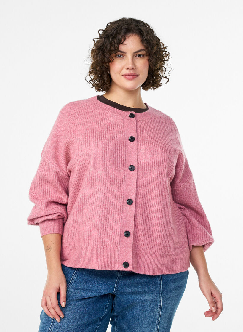 Ribstrikket cardigan med knapper, Lyser&oslash;d, Model image number 0