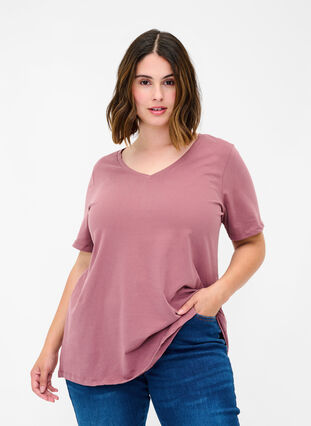 Basis t-shirt med v-hals, Rose Taupe, Model image number 0