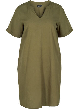 Kortærmet kjole i bomuldsmix med hør, Ivy Green, Packshot image number 0