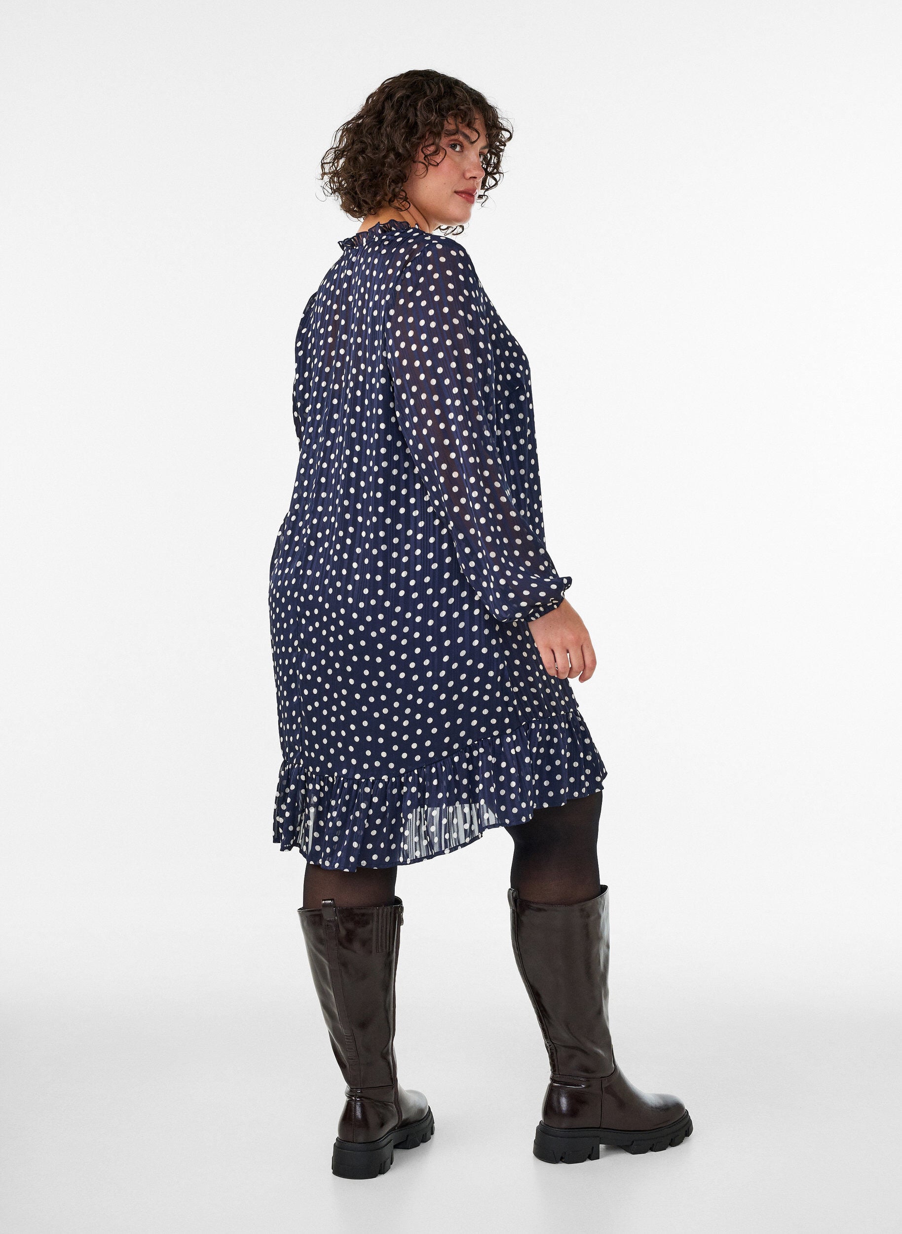 ZizziM&oslash;nstret kjole med fl&aelig;ser og lange &aelig;rmer, Bl&aring;, Model image number 2