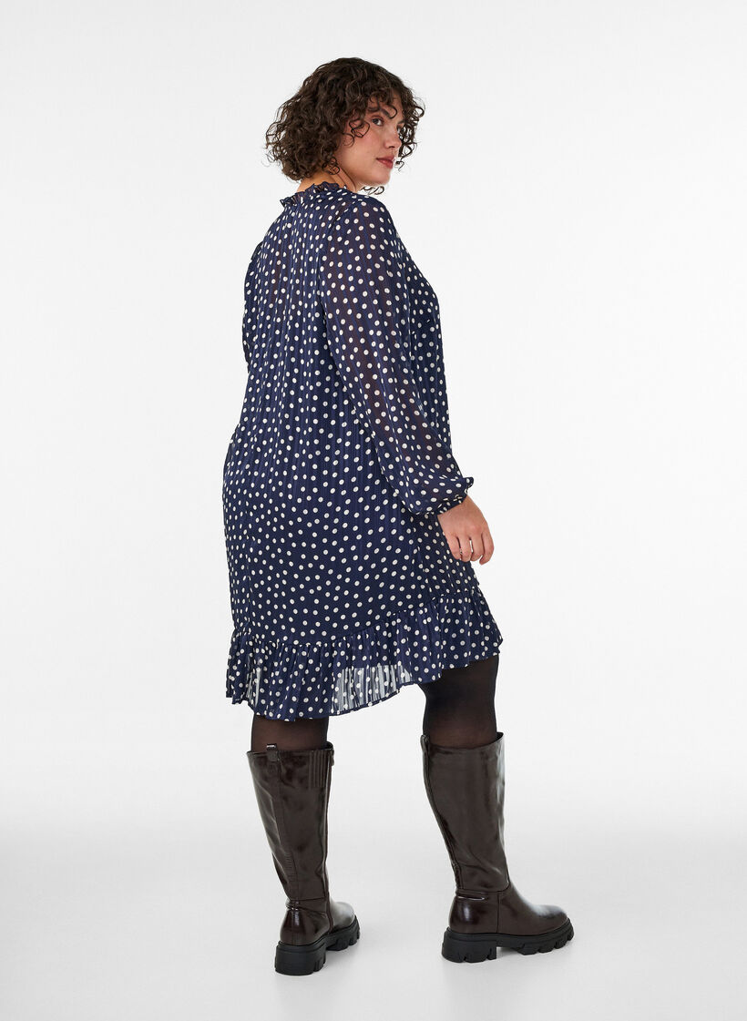 M&oslash;nstret kjole med fl&aelig;ser og lange &aelig;rmer, Bl&aring;, Model image number 2