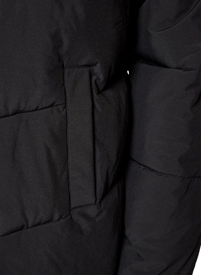 Mellemlang pufferjakke med h&aelig;tte, Sort, Packshot image number 3