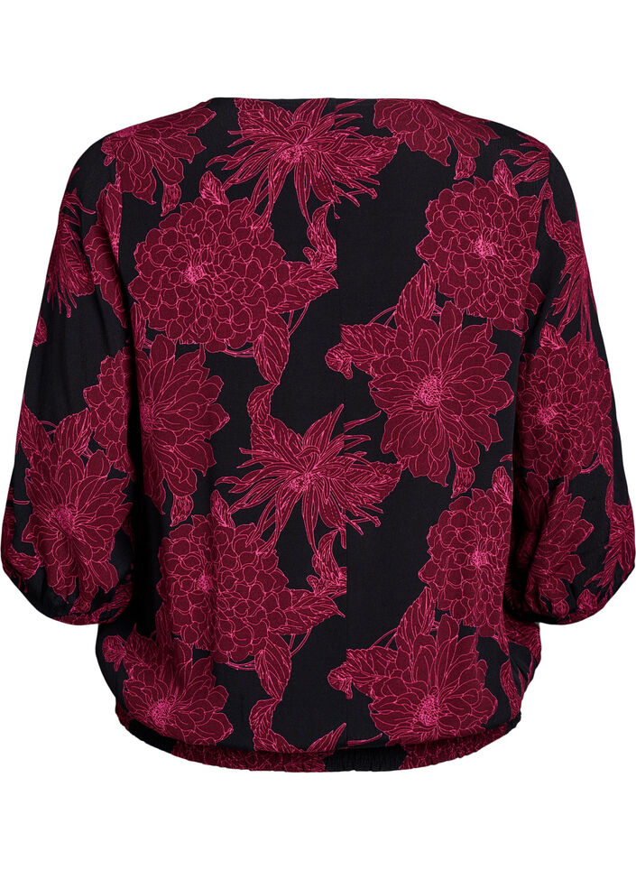 Viskosebluse med blomsterprint og smock, M&oslash;rk Bordeaux, Packshot image number 1