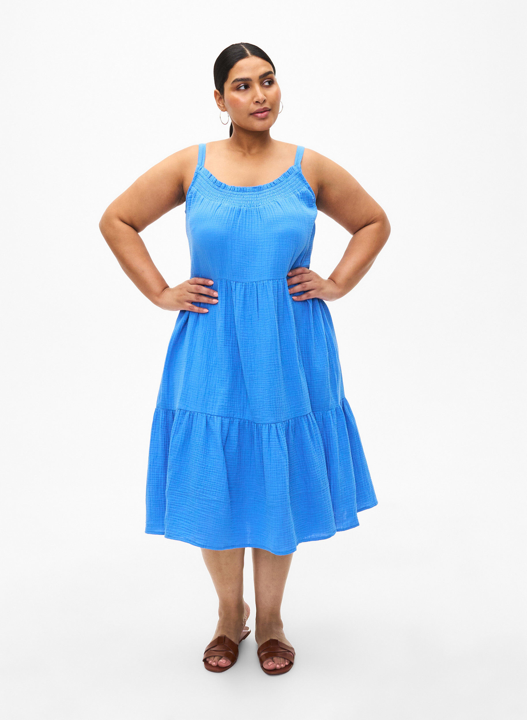 Zizzi Ensfarvet stropkjole i bomuld, Marina, Model image number 2