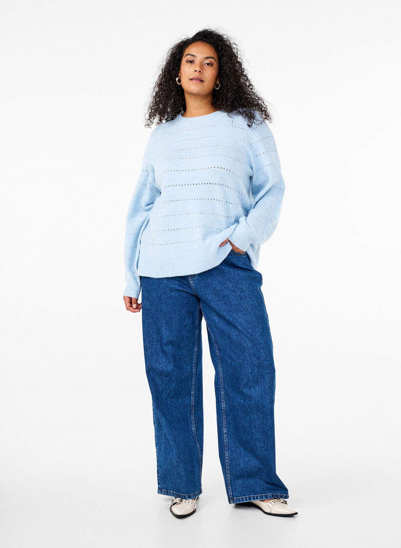 Strikbluse med rund hals og hulmønster, Cashmere Blue Mel., Model image number 2