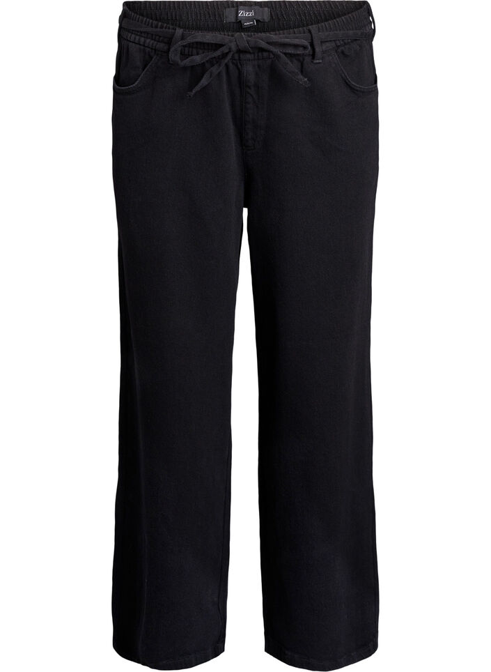 Loose fit jeans med elastisk talje og bindeb&aring;nd, Sort, Packshot