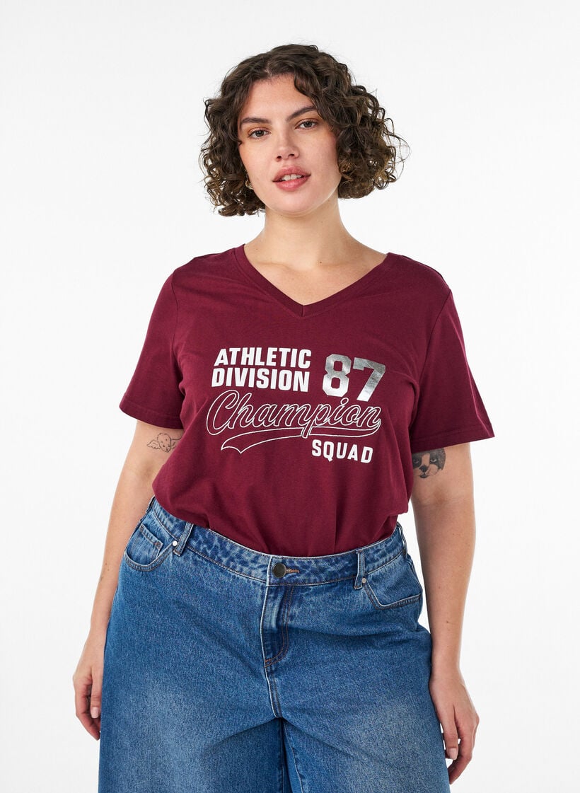 T-shirt i &oslash;kologisk bomuld med sporty tekstprint, R&oslash;d, Model image number 0