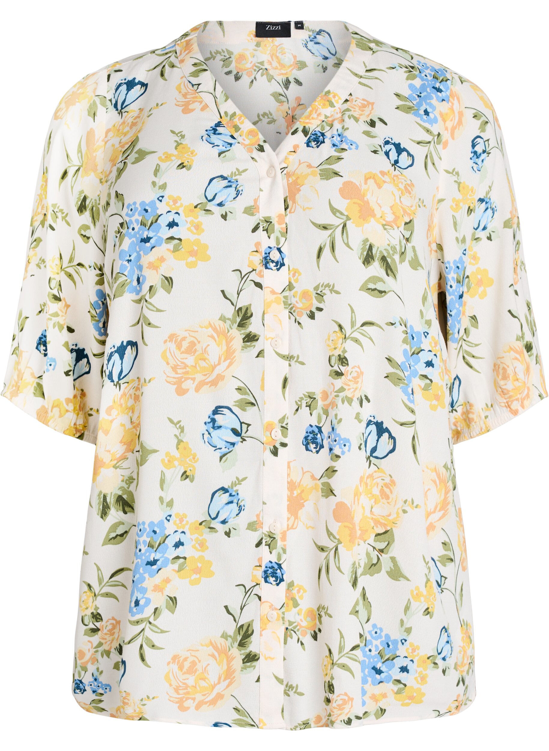 Zizzi Bluse i viskose med print og knaplukning, Vanilla, Packshot image number 0