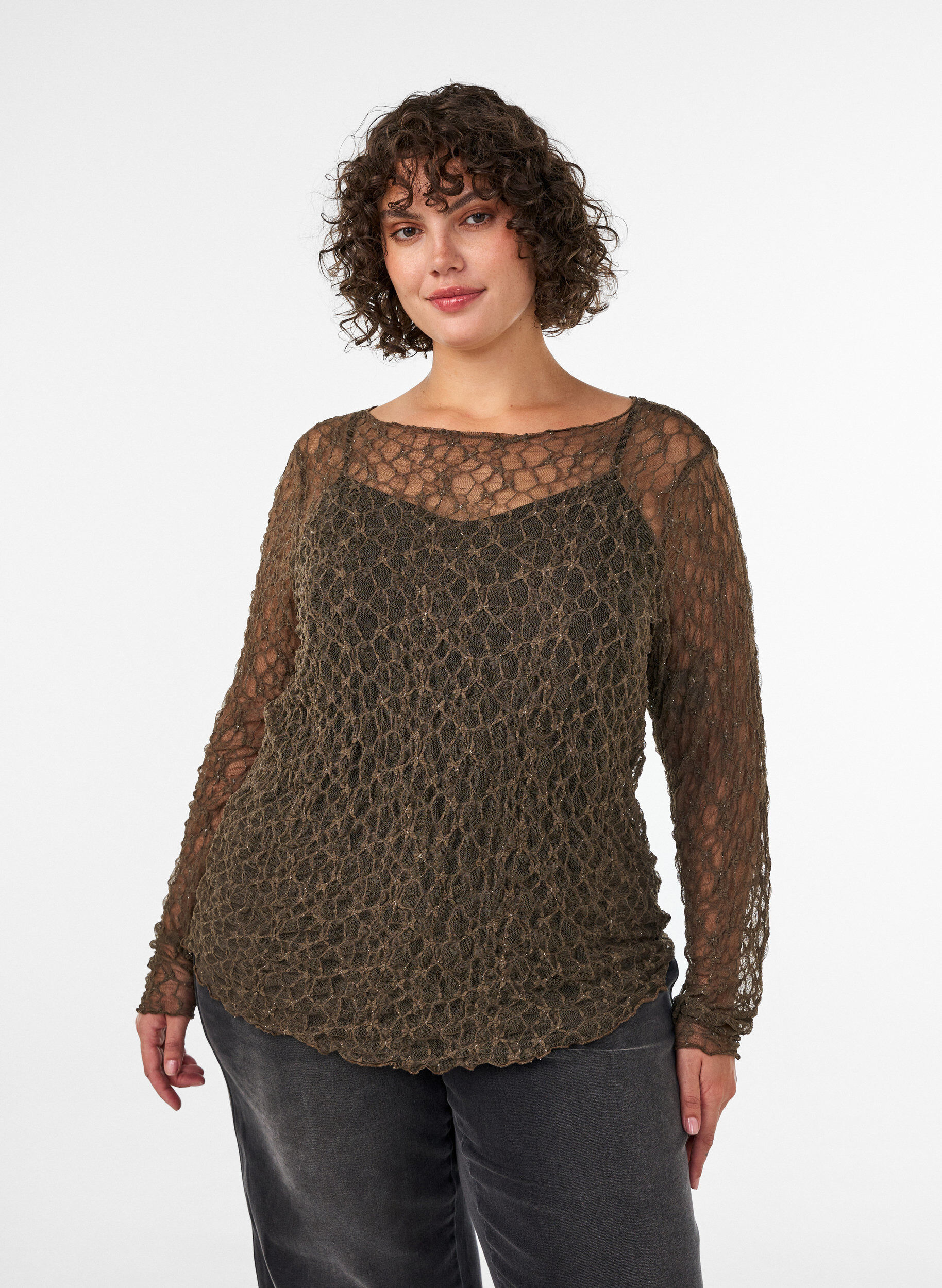 ZizziMeshbluse med m&oslash;nster og glimmertr&aring;d, Brun, Model image number 0