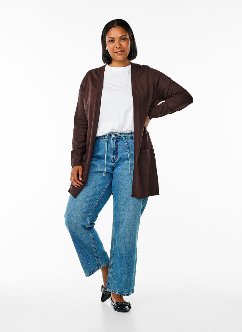 Lang strikcardigan i viskosemix, Brun, Model image number 1
