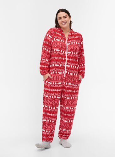 Jule jumpsuit med hætte og lynlås, Christmas AOP, Model image number 0