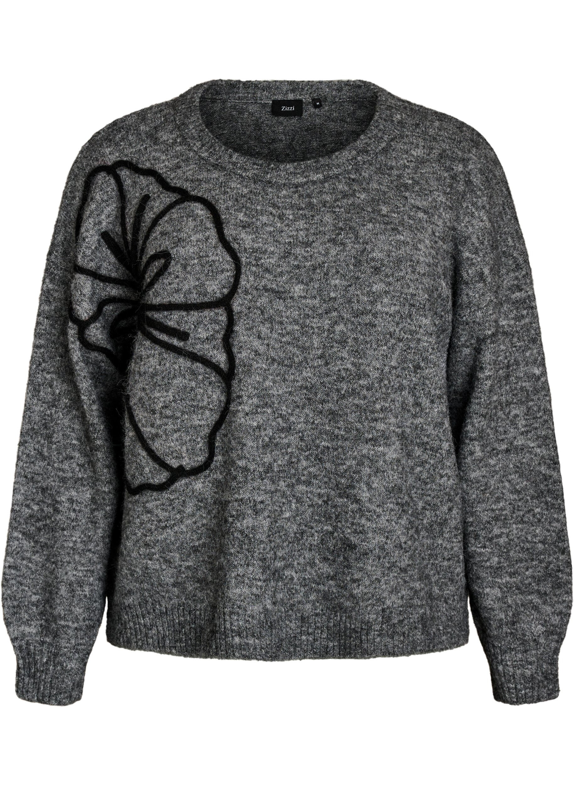 ZizziStrikbluse med blomsterapplikation, Gr&aring;, Packshot image number 0