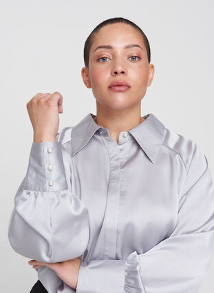 Skjorte med ballonærmer og krave, Light Grey, Model image number 2