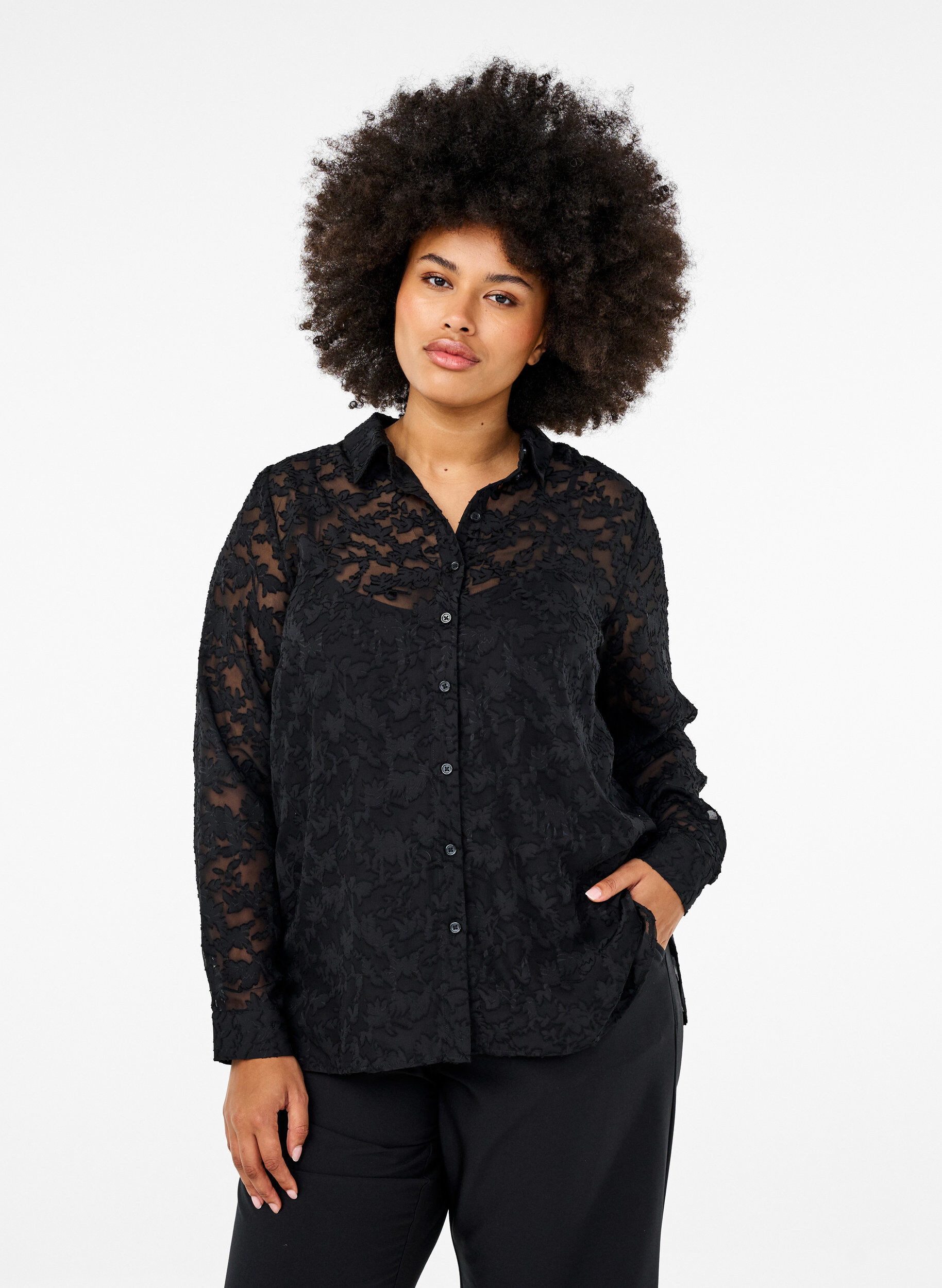 Zizzi Jacquard skjorte med knapper, Black, Model image number 0