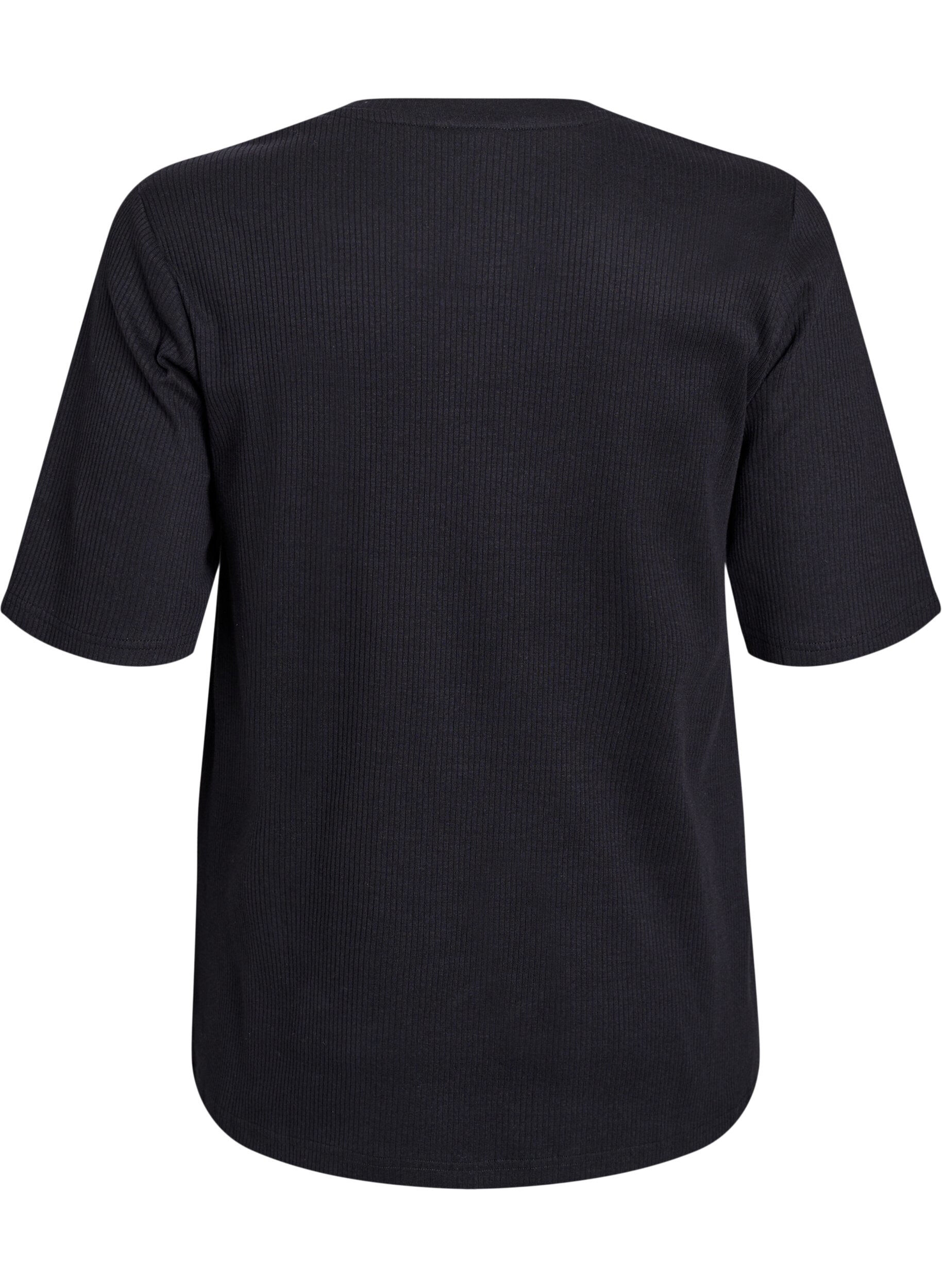 ZizziRibbet jerseybluse med korte &aelig;rmer, Sort, Packshot image number 1