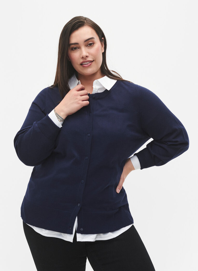 Strikcardigan i viskose med knapper, Navy Blazer, Model image number 0