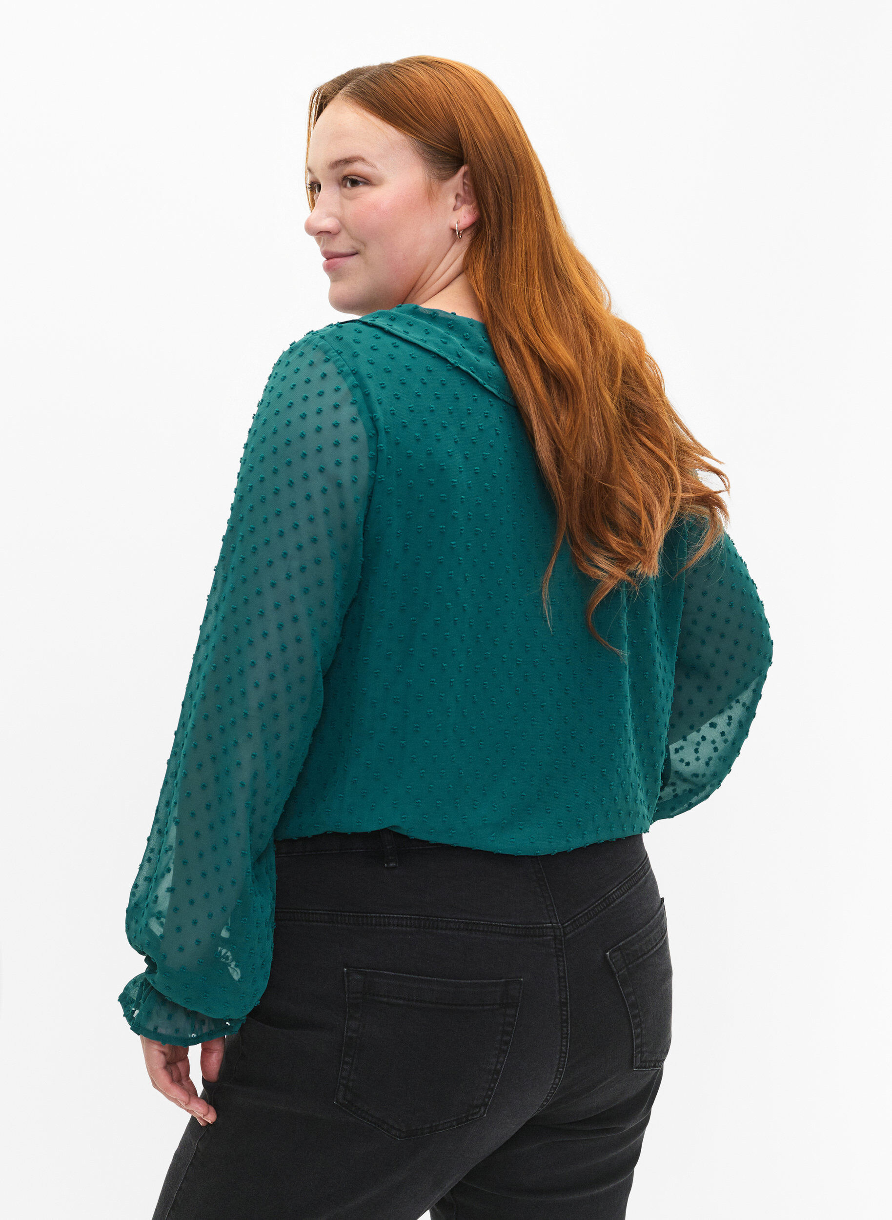 Zizzi Bluse med fl&aelig;ser og prikket tekstur, Shaded Spruce, Model image number 1