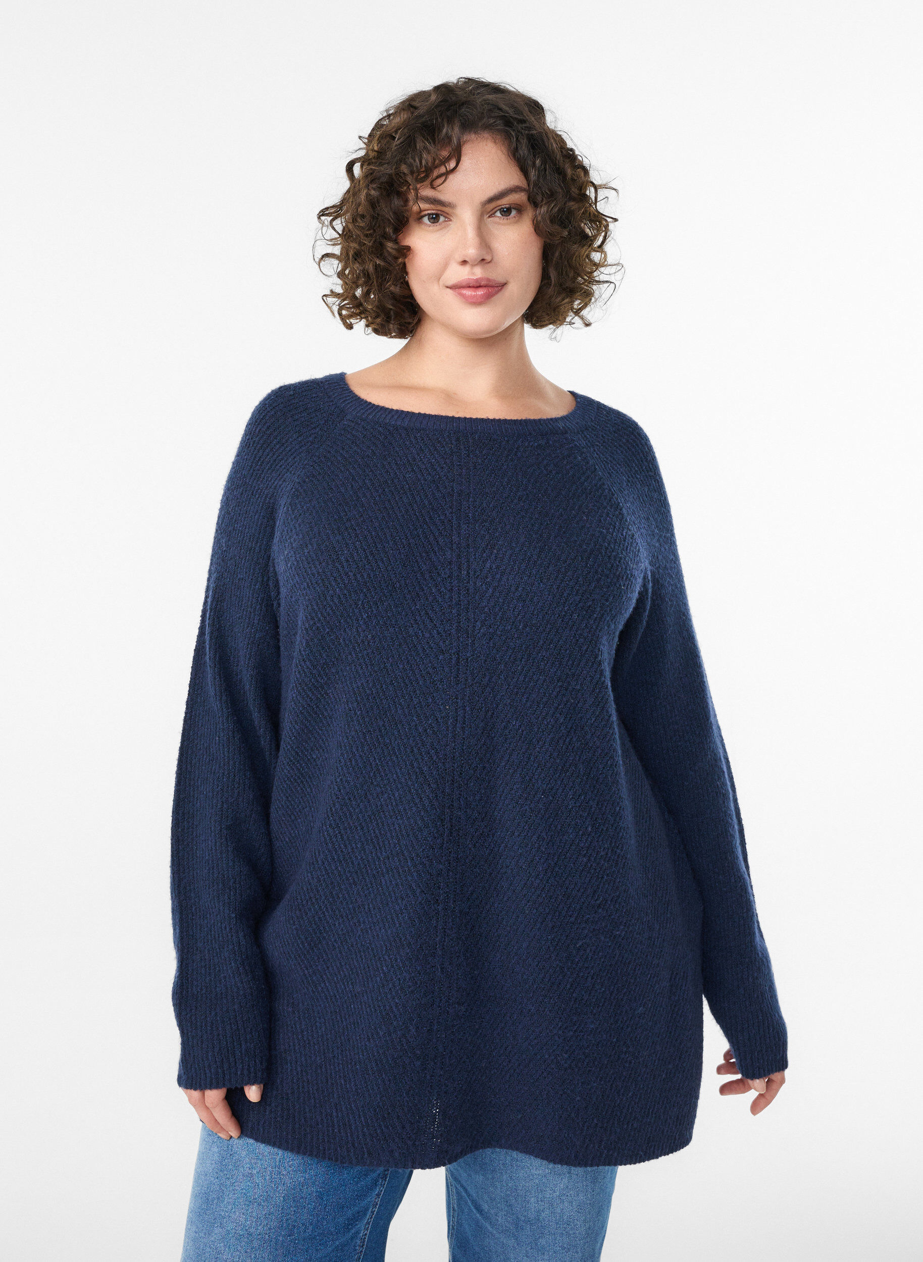 ZizziStrikbluse med diagonalt m&oslash;nster og raglan&aelig;rmer, Bl&aring;, Model image number 0