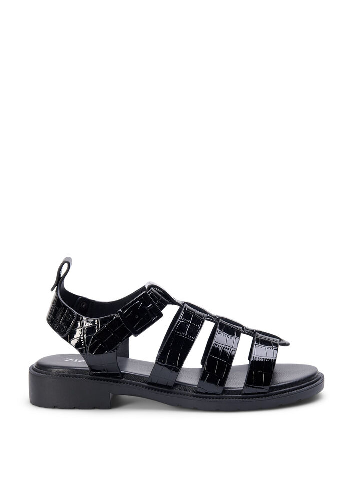 Wide fit - Sandal i shiny croco læder, Black, Packshot image number 0