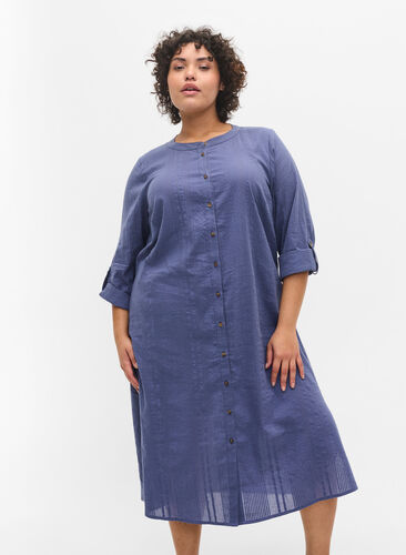 Bomulds skjortekjole med 3/4 ærmer, Nightshadow Blue, Model image number 0