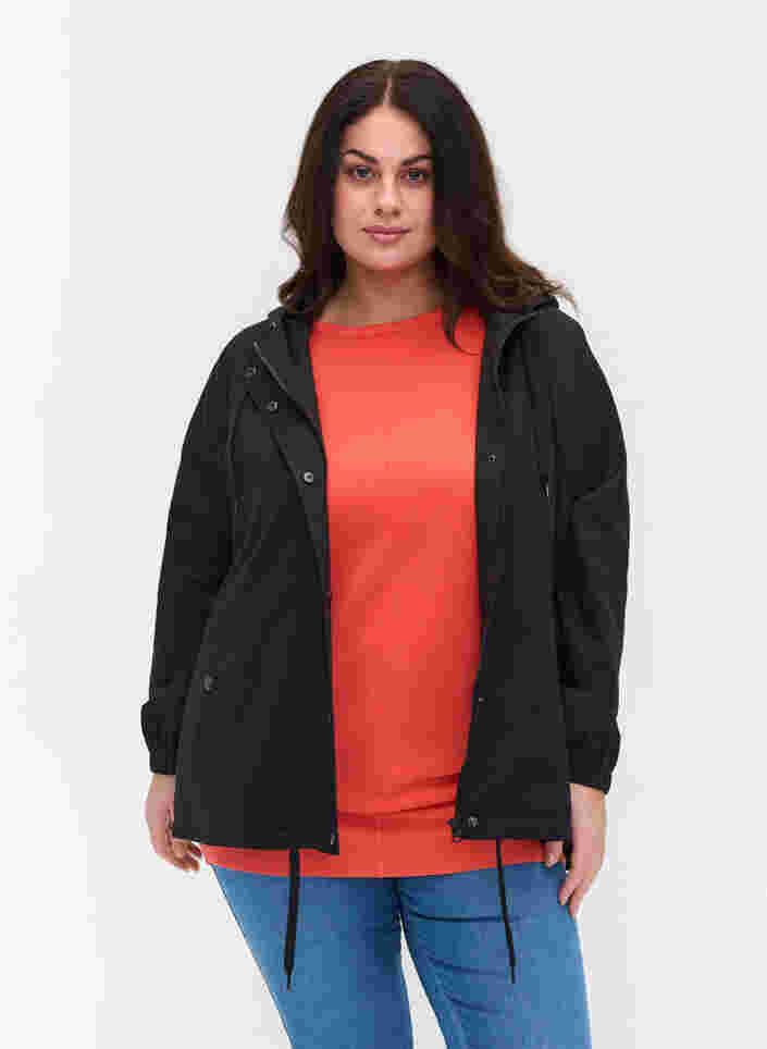 Kort parka jakke med hætte og justerbar bund, Black, Model image number 0