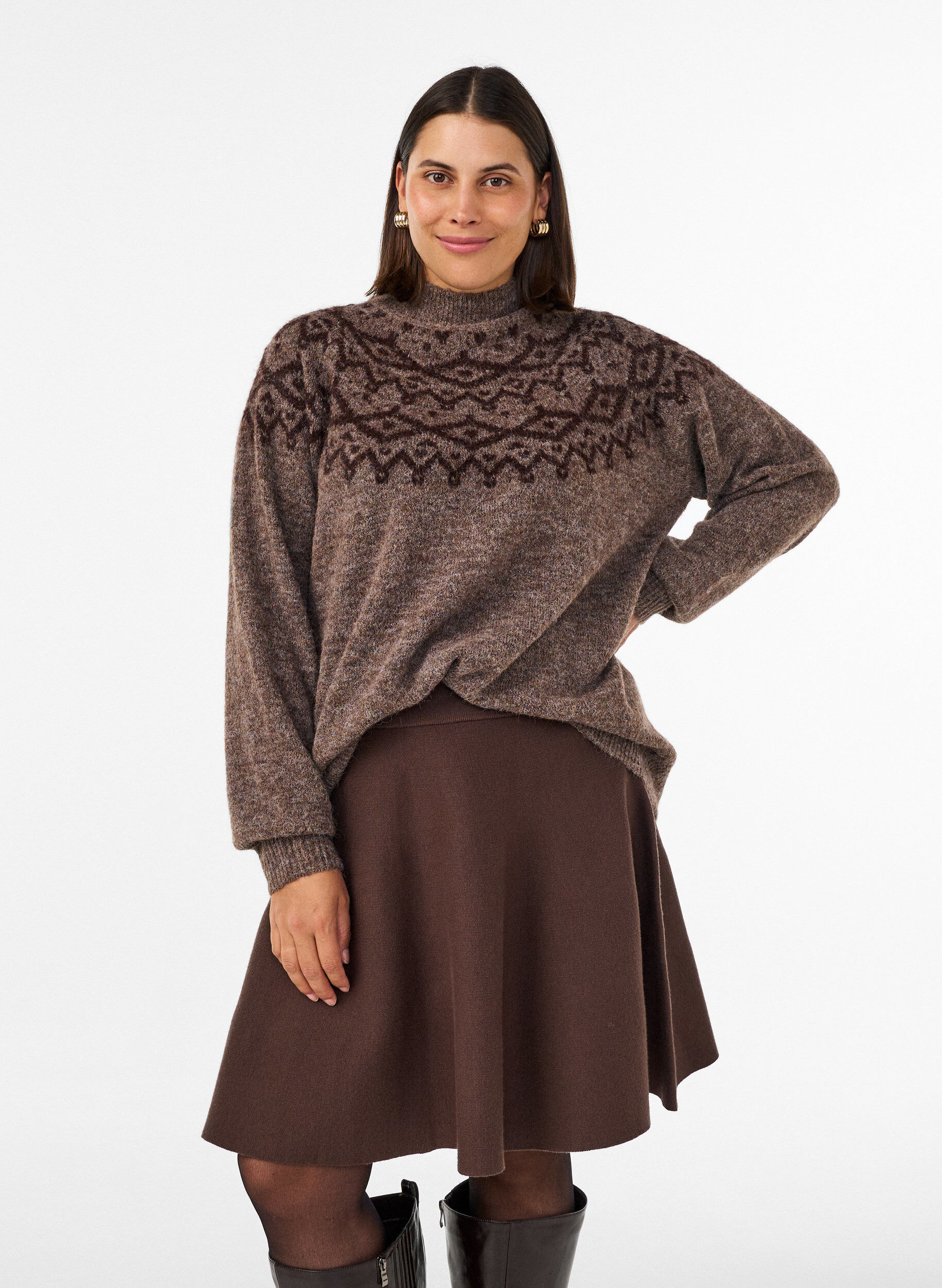 Kort striknederdel med A-facon, Brun, Model