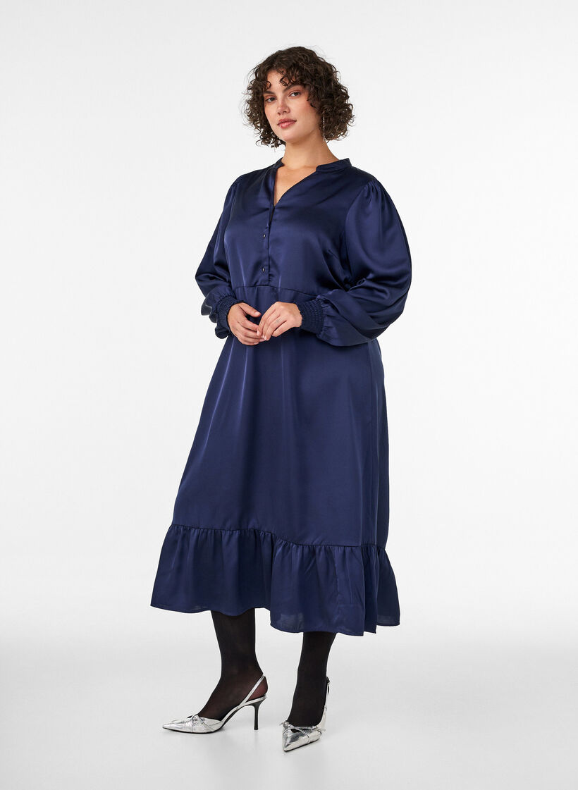 Satinkjole med lange &aelig;rmer og V-udsk&aelig;ring, Bl&aring;, Model image number 0