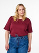 Ribbet jerseybluse med korte &aelig;rmer, M&oslash;rk Bordeaux, Model image number 0