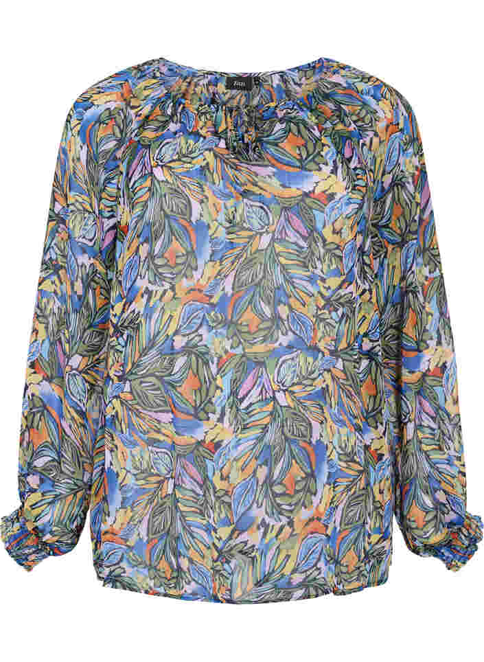 Langærmet bluse med bindebånd ved halsudskæring, Vibrant Leaf, Packshot image number 0