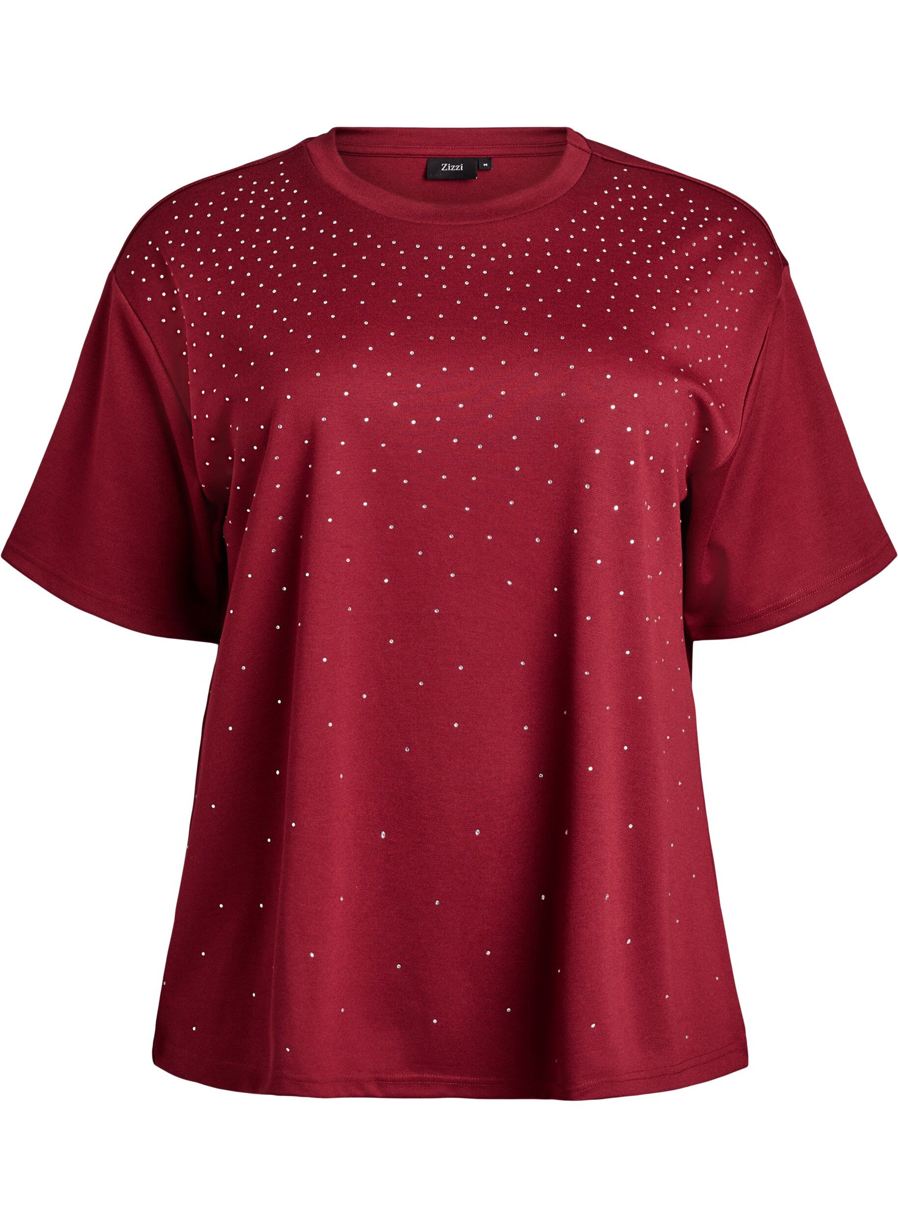 ZizziT-shirt med rhinsten og rund hals, M&oslash;rk Bordeaux, Packshot image number 0