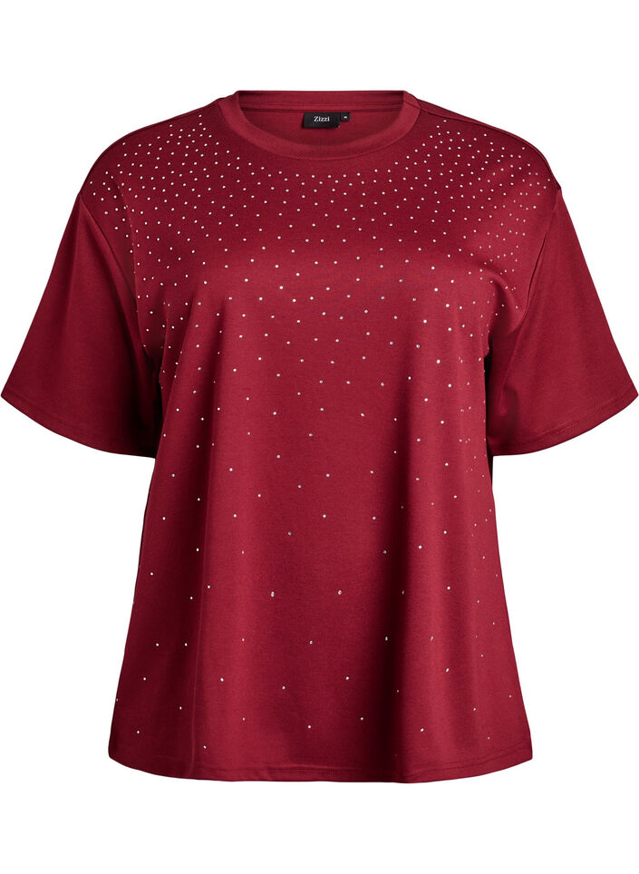 T-shirt med rhinsten og rund hals, M&oslash;rk Bordeaux, Packshot image number 0