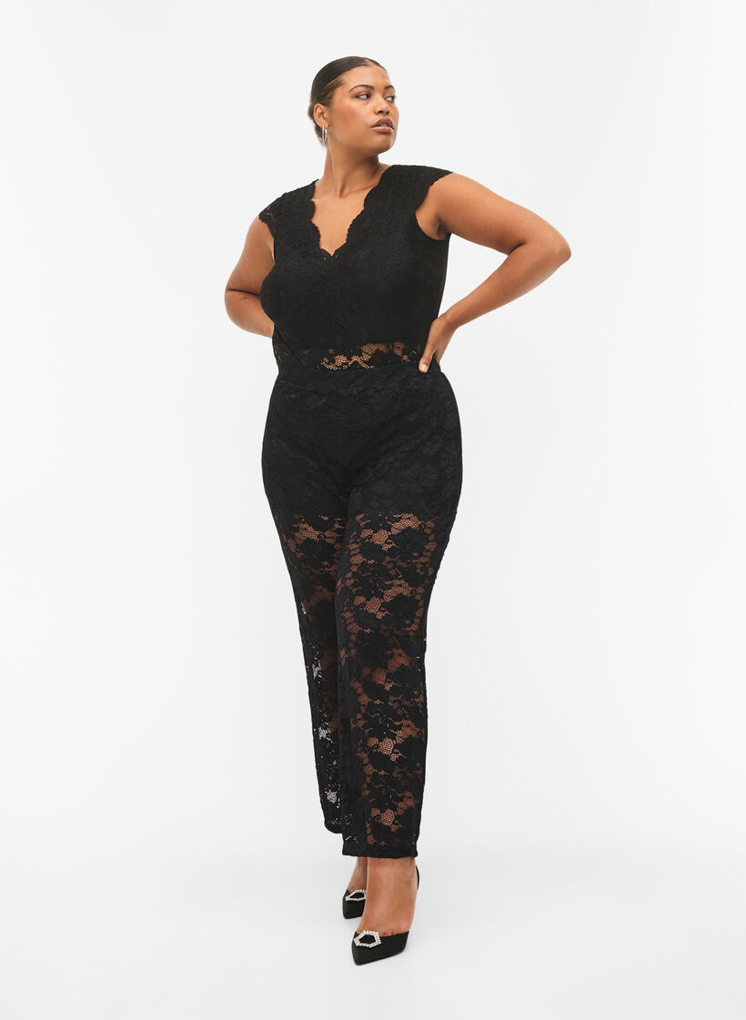 Bodystocking med blonder og v-udskæring, Black, Model image number 2