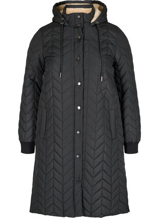 Quiltet jakke med knapper og hætte, Black, Packshot image number 0