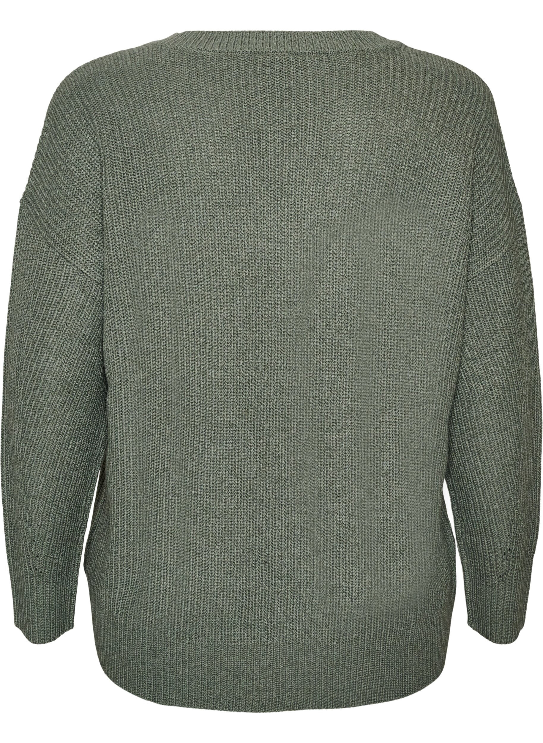 ZizziLang ribstrikket bluse med V-hals, Gr&oslash;n, Packshot image number 1