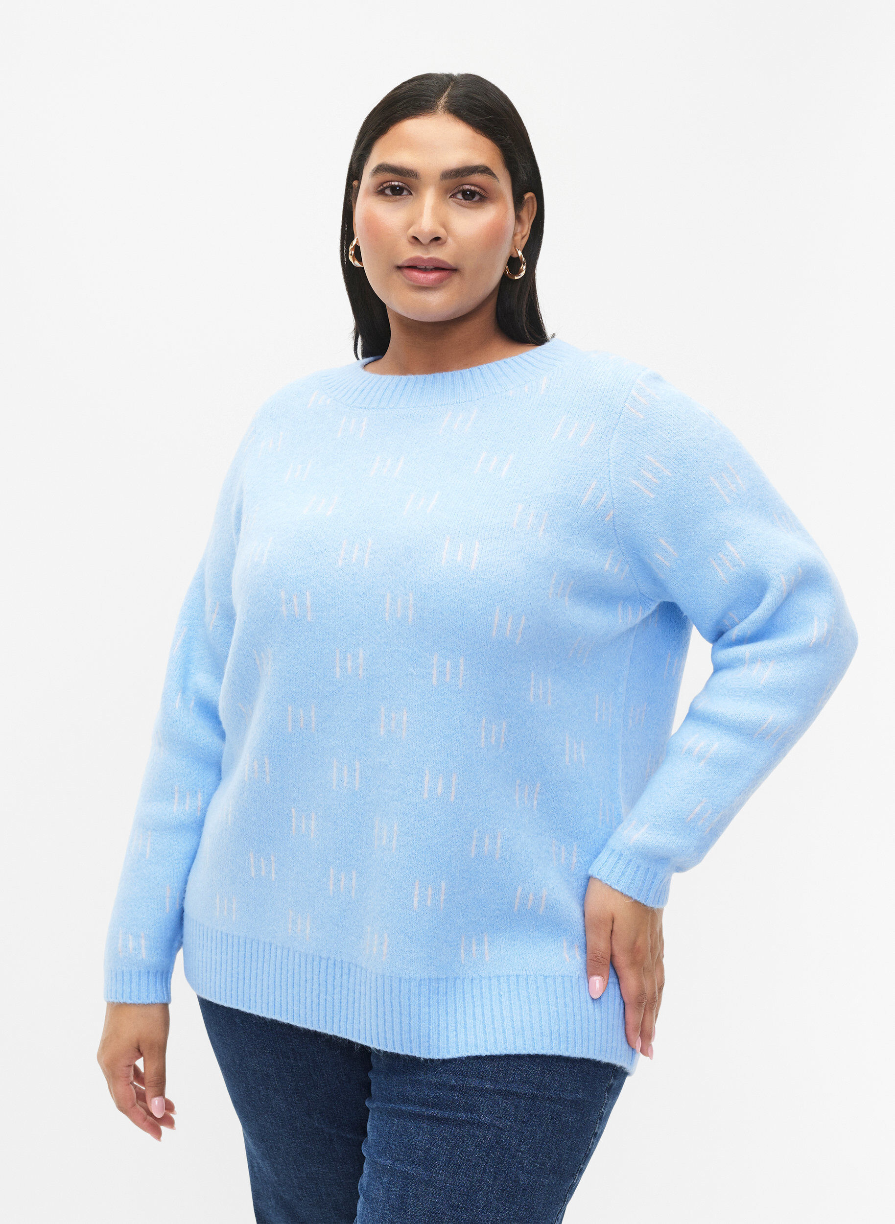 Zizzi M&oslash;nstret strikbluse, Blue Bell/Birch, Model image number 0