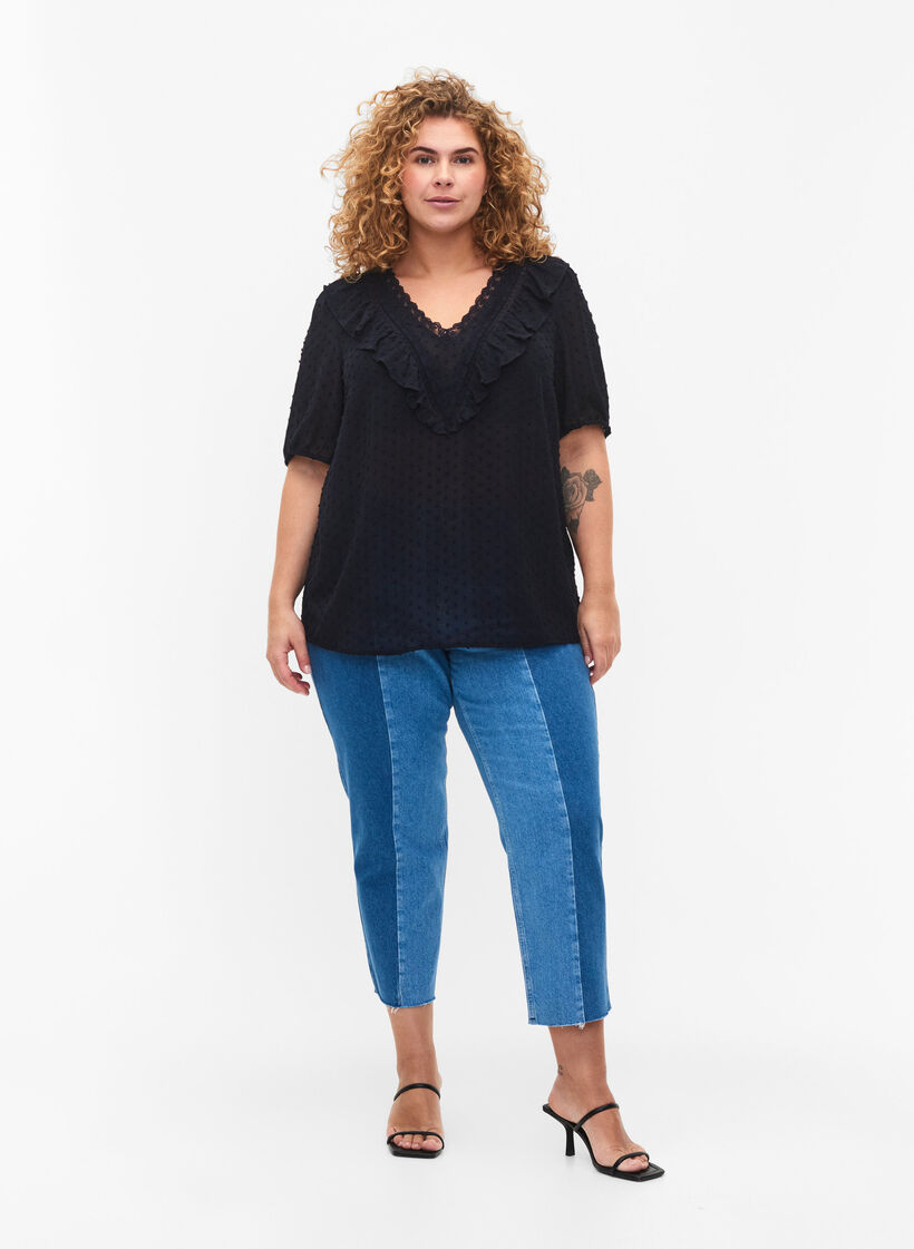 Bluse med korte ærmer og prikket struktur, Night Sky, Model image number 2