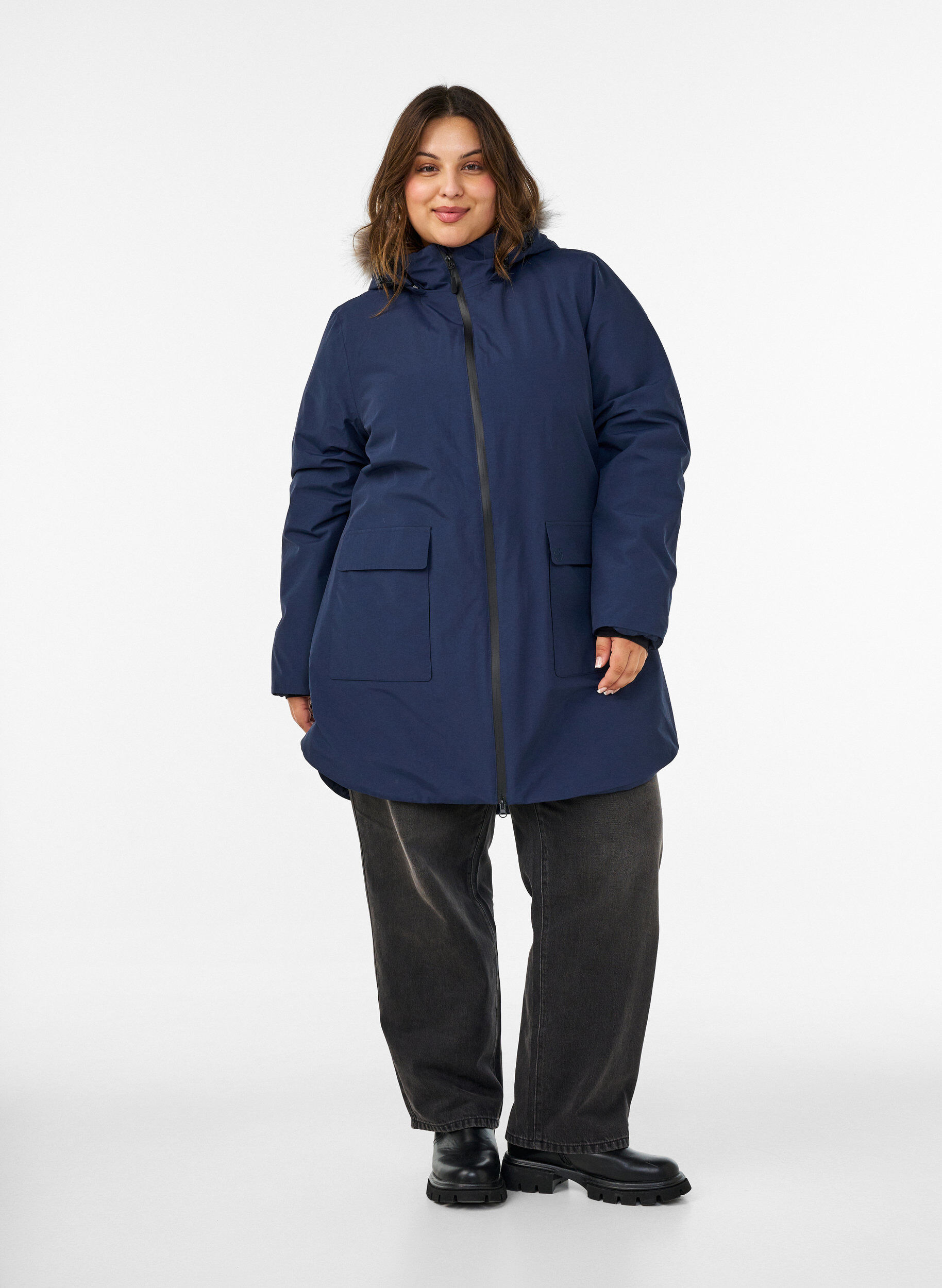 ZizziVandt&aelig;t parka vinterjakke med h&aelig;tte, Bl&aring;, Model image number 1