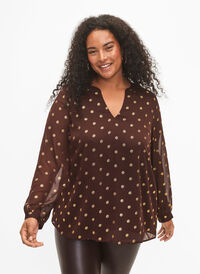 Printet bluse med v-udskæring, Fudge/Gold Dots, Model