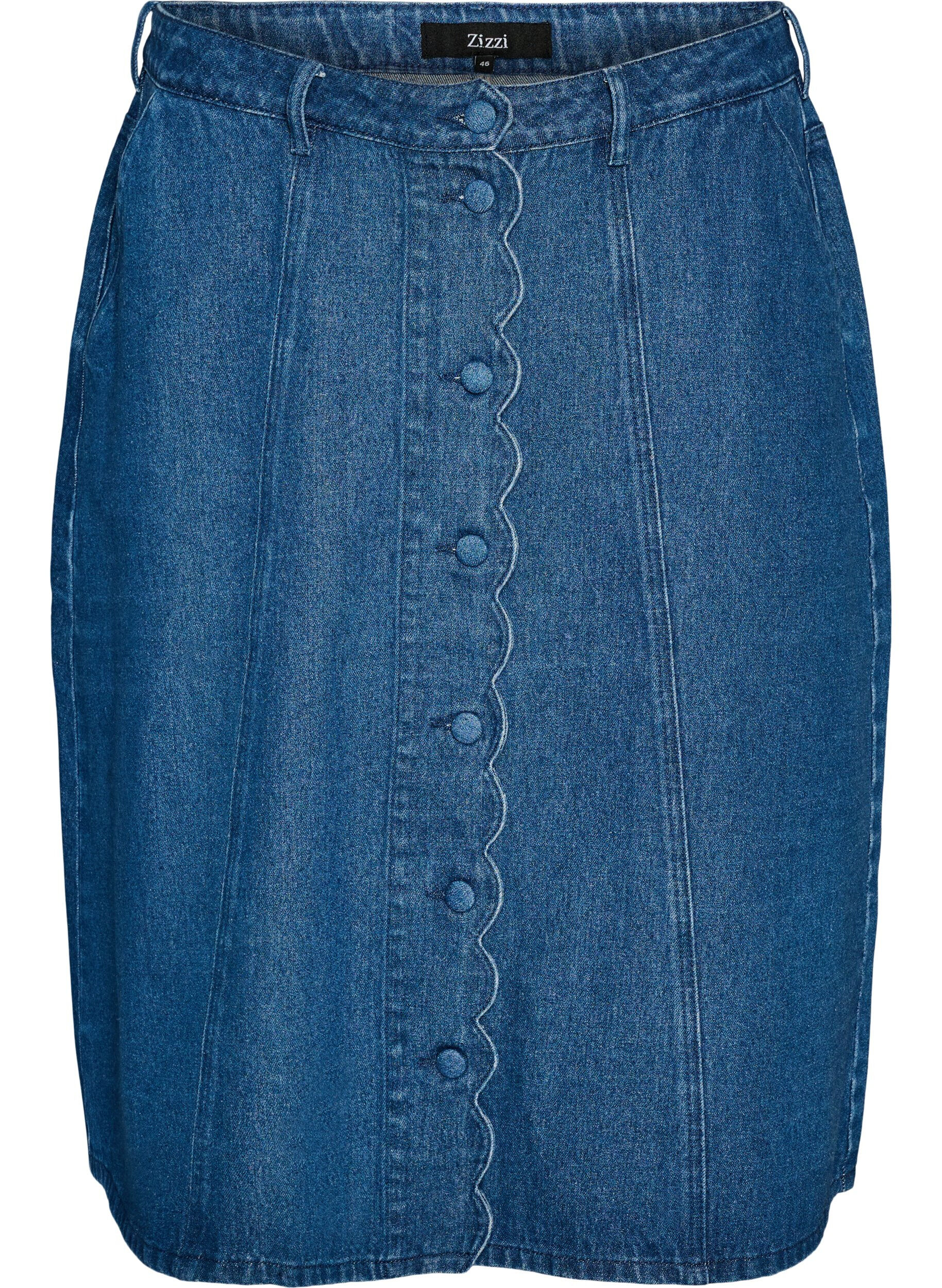 ZizziA-formet denimnederdel med b&oslash;lget knapstolpe, Bl&aring;, Packshot image number 0