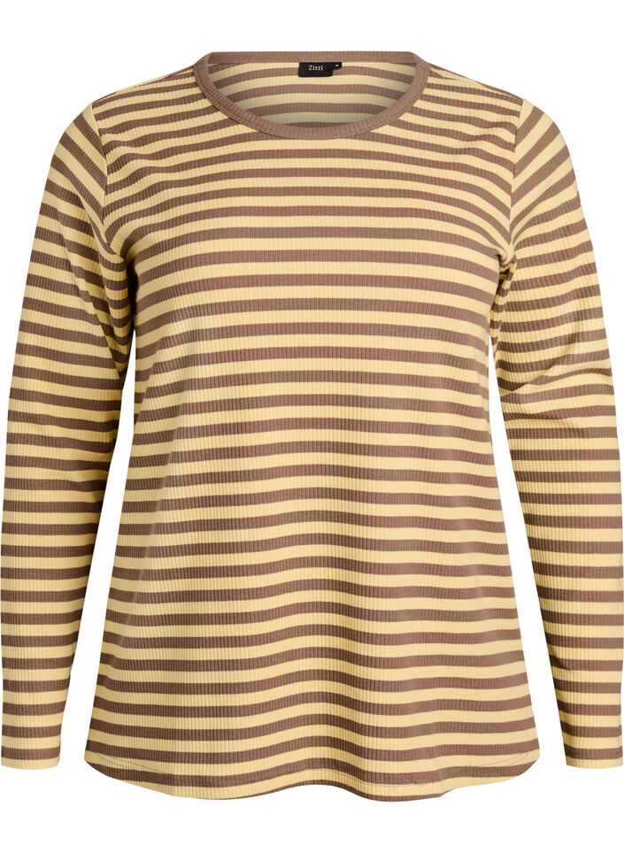 Stribet bluse med lange &aelig;rmer, Brun, Packshot