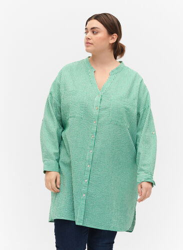 Stribet bomuldsskjorte med 3/4 ærmer, Jolly Green Stripe, Model image number 0