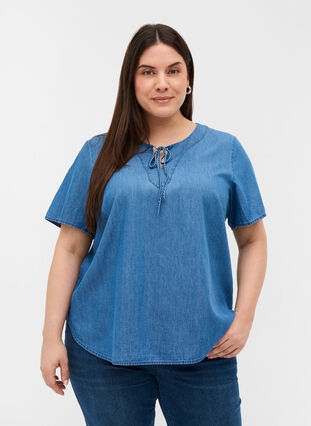 Kortærmet denim bluse i bomuld, Medium Blue Denim, Model image number 0