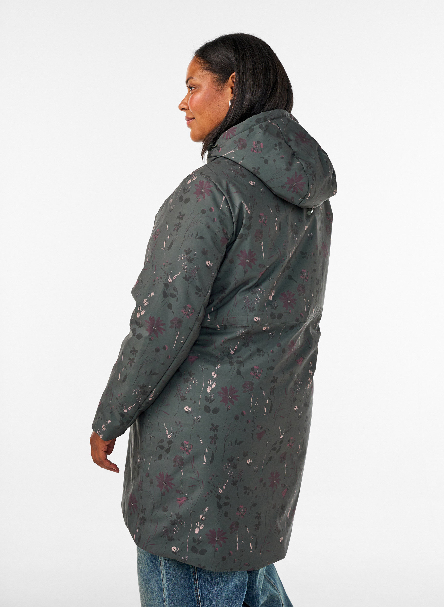 ZizziVatteret vinterjakke med blomsterprint, Gr&oslash;n, Model image number 2