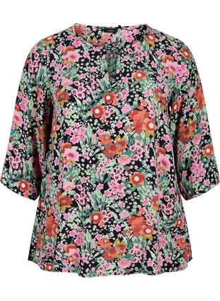 Blomstret bluse med 3/4 ærmer, Green Flower AOP, Packshot image number 0