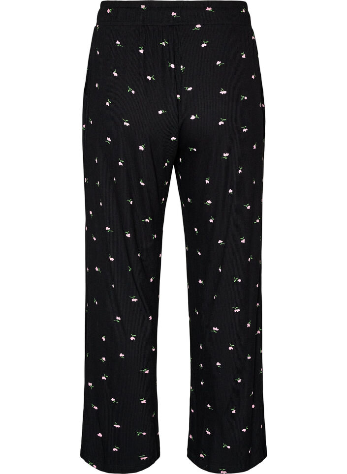Pyjamasbukser med ribstruktur og blomsterprint, Sort, Packshot image number 1