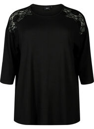 Bluse med 3/4 ærmer og blondedetalje, Black
