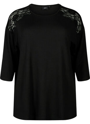 Bluse med 3/4 ærmer og blondedetalje, Black, Packshot image number 0