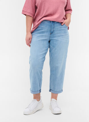 7/8 jeans med opsmøg og høj talje, Light blue denim, Model image number 2