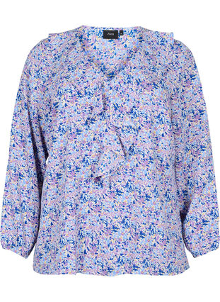 Printet bluse med flæser , Purple Ditzy Flower, Packshot image number 0